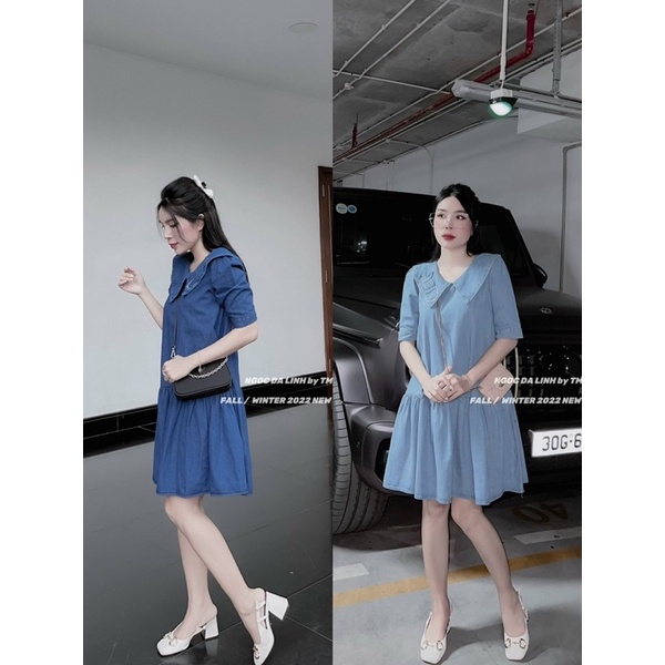 Váy Jean Cổ Nhọn Đuôi Cá Tay Lửng Siêu Xinh Mã QM28