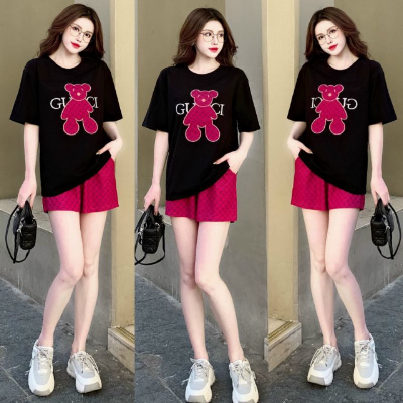Set Bộ Đồ Đùi Form Rộng Thun Cotton Logo Gấu Hồng Thêu