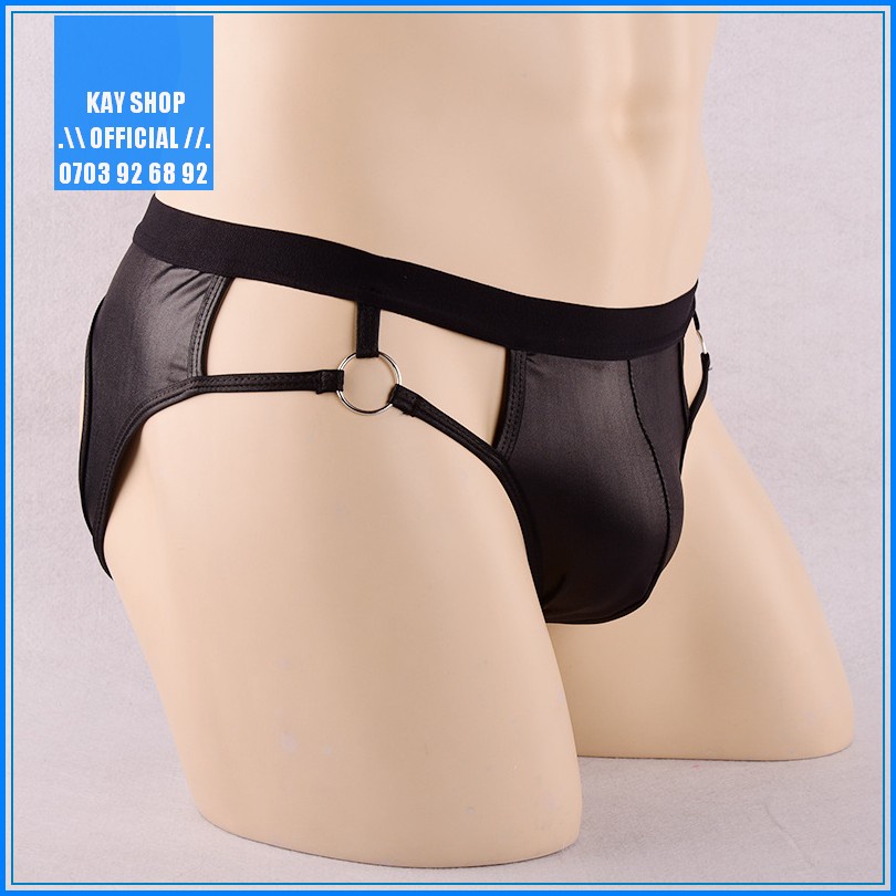 Quần lót jockstrap nam dây giả da sexy khoen ôm mông căng tròn gợi cảm - Quần sịp nam màu đen Freesize trơn bóng