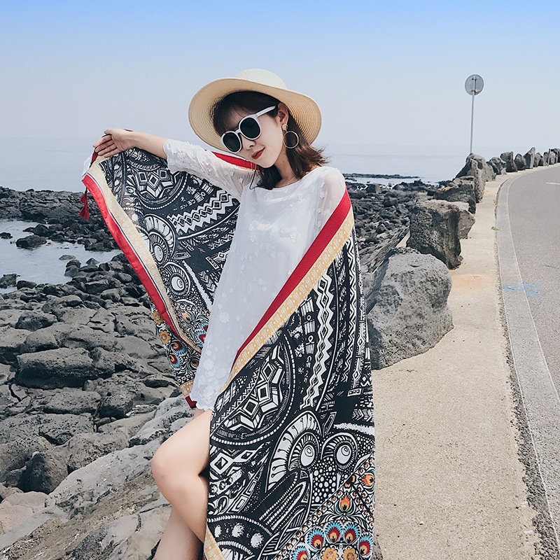 Khăn Choàng Thổ Cẩm Nữ Boho Họa Tiết Màu Đen Viền Đỏ Đi Biển Du Lịch, Chống Nắng Mùa Hè (180cm*90cm) - KLĐB002