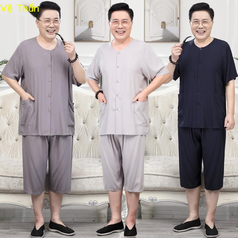 Bố trung niên và người cao tuổi phù hợp với áo sơ mi ngắn tay của ông nội cotton cardigan quần áo mặc nhà đồ ngủ