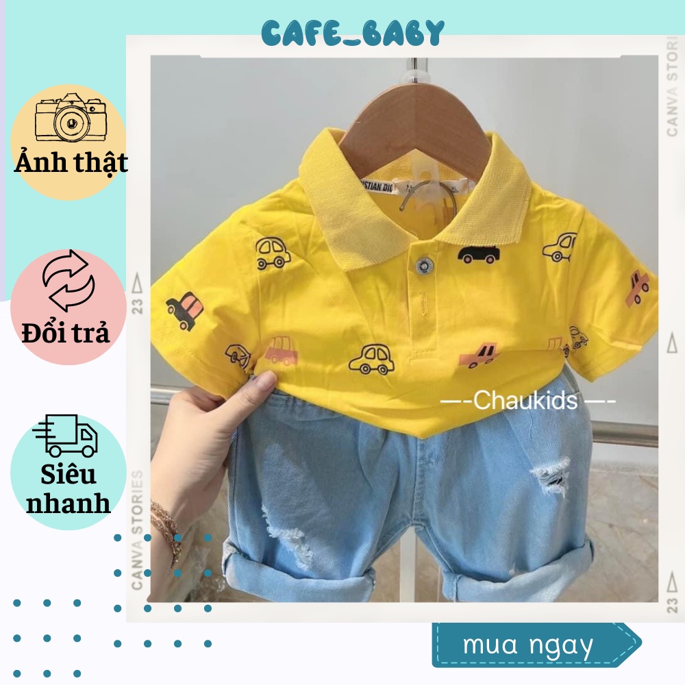 Set Bộ Polo Cho Bé Trai Chất Liệu Cotton-Jean Cao Cấp In Hình Dễ Thương Bé Diện Xuân Hè - CAFE_BABY050