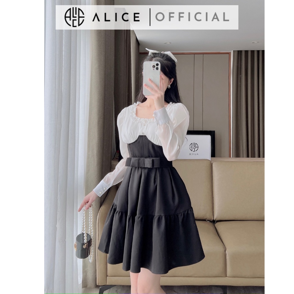 Váy Tiểu Thư Cổ Bèo Đính Đá ALICE Dáng Xoè Kèm Đai Eo, Chất Trượt Xốp Co Giãn Nhẹ, Phong Cách Trẻ Trung V1067