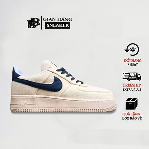 Giày_Nike Air Force 1 Beige Deep Blue, AF1 vải canvas vệt xanh navy bản cao cấp, tặng box bảo vệ.