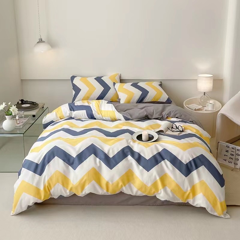 Bộ chăn ga gối ga giường cotton living Hàn Quốc mẫu kẻ vàng xanh mới nhất - Ngân Khánh Bedding drap giường