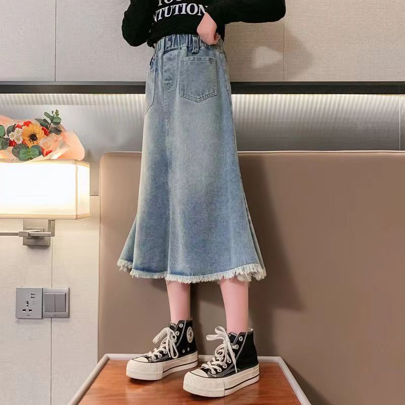 Chân Váy Denim Dài Lưng Cao Thời Trang Hàn Quốc Quyến Rũ Cho Bé Gái 11-14 Tuổi