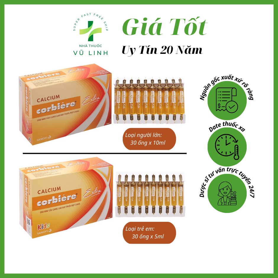 (Mẫu mới) Calcium Corbiere Extra bổ sung Canxi (Hộp người lớn: 30 ống x10ml) (Hộp trẻ em: 30 ống x 5ml)