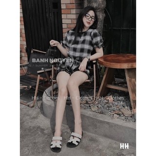 Set bộ thô kẻ đen trắng tay bồng