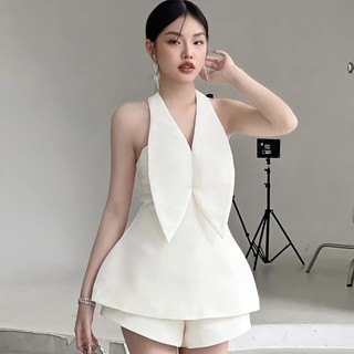 Rissa set/ set áo kiểu dáng xoè peplum kèm quần shorts chất liệu tafta