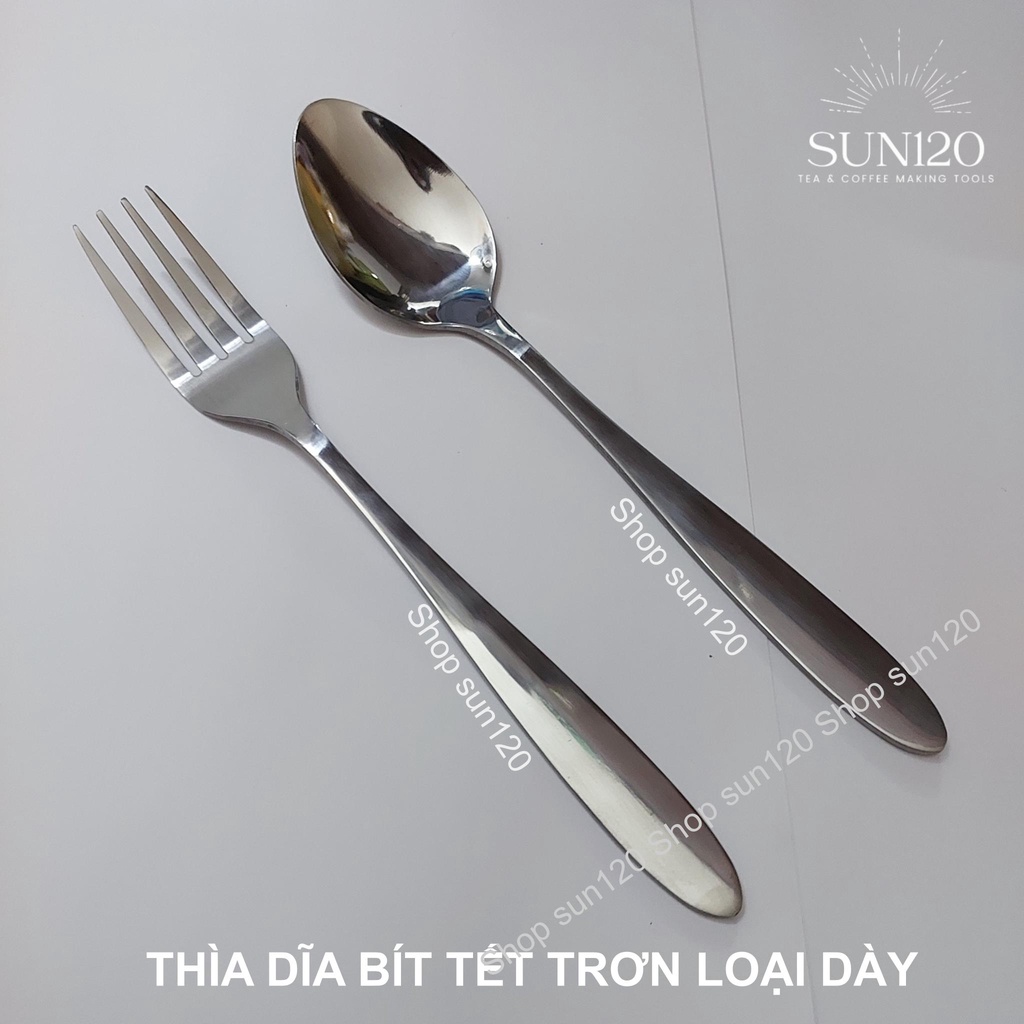 Thìa dĩa inox cán dài dày dặn ăn cơm cháo bít tết QQ trơn sáng bóng