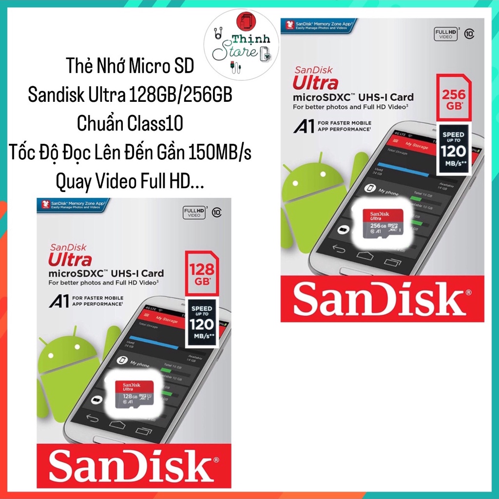 Thẻ nhớ micro sd,thẻ nhớ 128gb,256gb với tốc độ đường truyền cao class 10,truy cập nhanh,chính hãng sandisk ultra