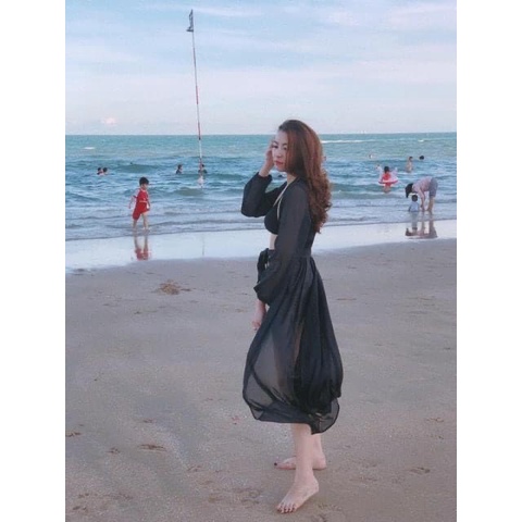 Áo choàng đi biển , bikini voan tay có 2 màu đen va trắng ,đồ bơi nữ , liền thân , 2 mảnh , 3 chi tiết