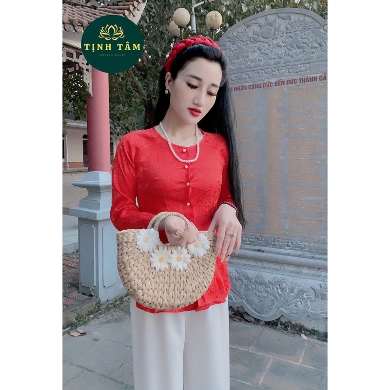Vòng cổ đính n.g.o.c t.r.a.i nhân tạo phối áo bà ba cho nữ TẶNG BÔNG TAI HẠT TRAI