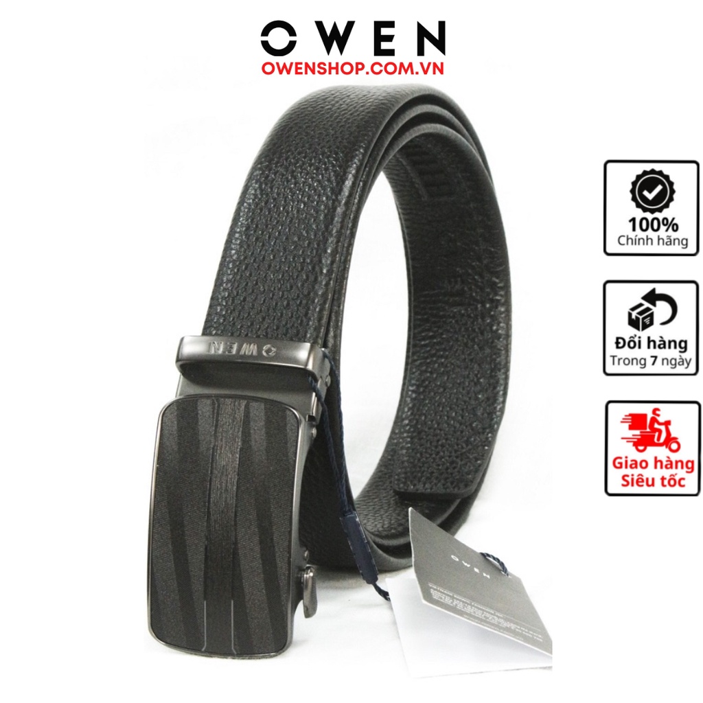 Thắt lưng nam da bò thật OWEN BELT220593 dây màu đen cao cấp mặt đen đúc nguyên khối hợp kim nguyên khối khóa trượt