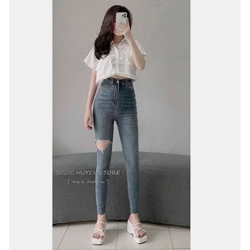 Quần jeans ôm co giãn rách 1 bên đùi lưng cao