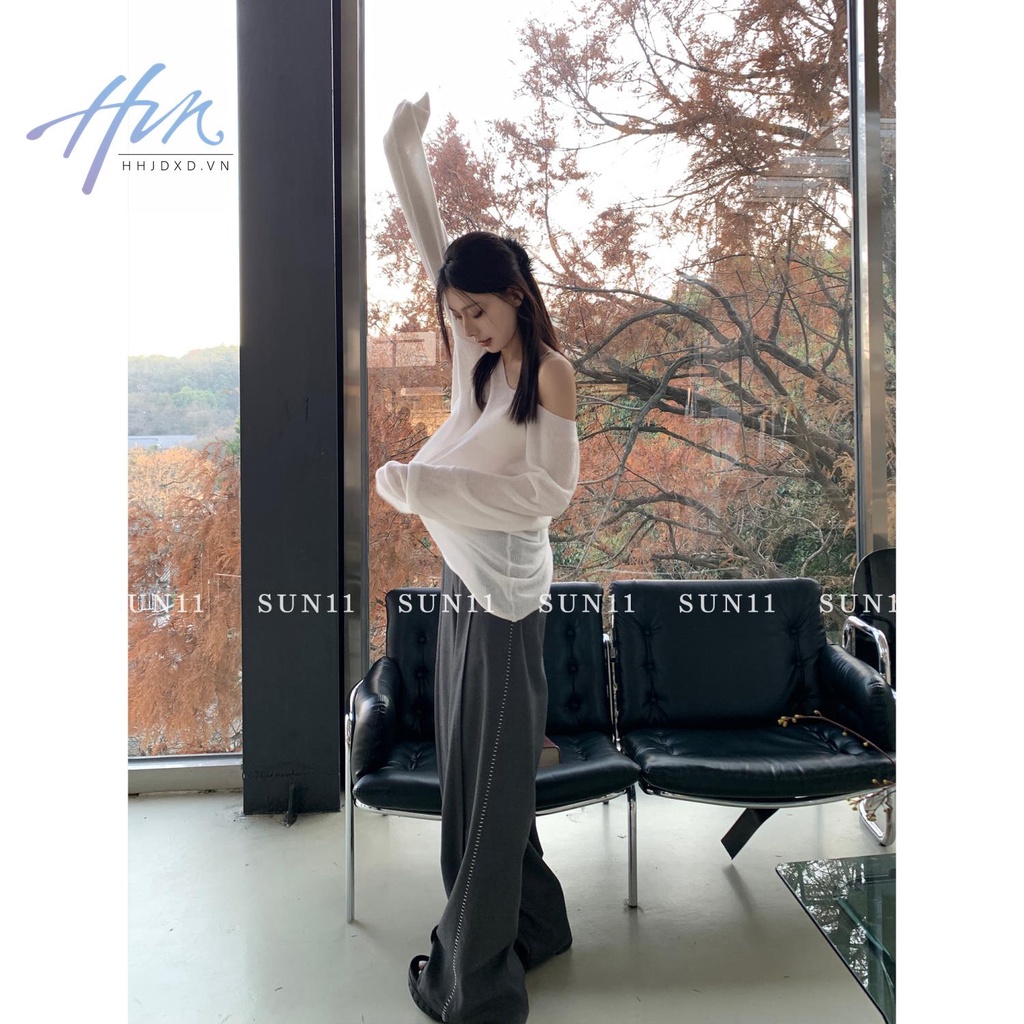 Áo Dệt Kim Tay Dài Cổ Chữ V Màu Trắng Trong Suốt Dáng Rộng Thời Trang Mùa Xuân 2023 Cho Nữ