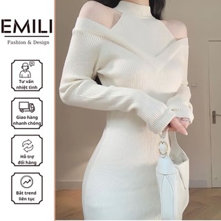 Đầm váy body tay dài Emili chất len gân co dãn khoét vai cổ yếm