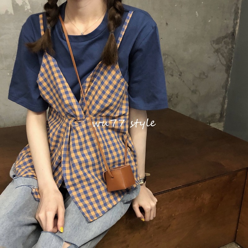 Áo Thun Tay Ngắn Giả Hai Lớp Họa Tiết Sọc Caro Thời Trang