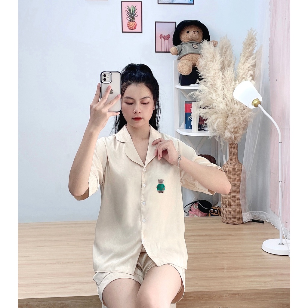 Bộ pijama đùi tơ tằm ÁNH KIM D4 mặc nhà mặc ngủ in hình chú mèo dễ thương FPLUS PJM