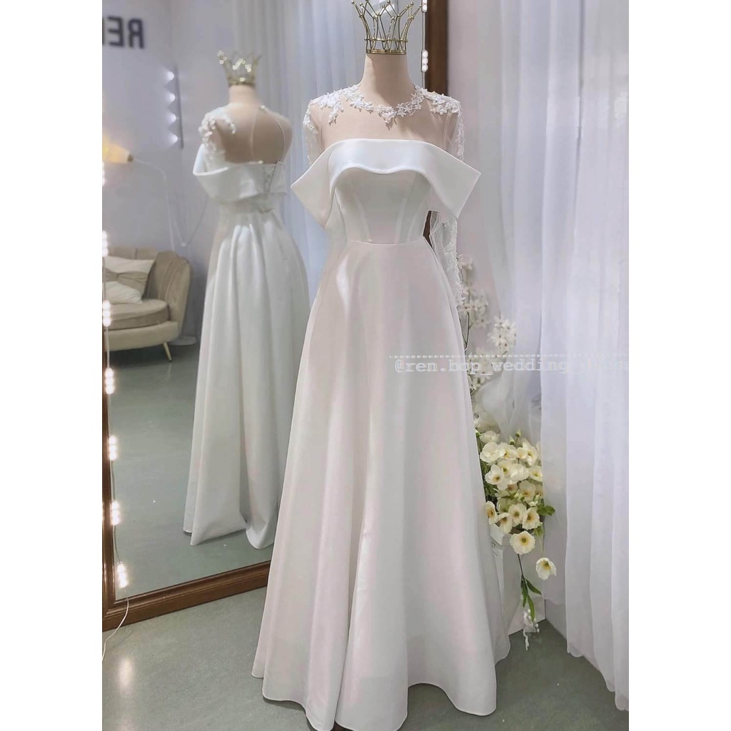 váy cưới đi bàn bẹt vai nhẹ nhàng xinh xắn phối ren sang chảnh.