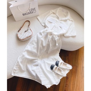 ĐẦM MIDI SƠ MI TRẮNG TÚI HỘP THẮT EO