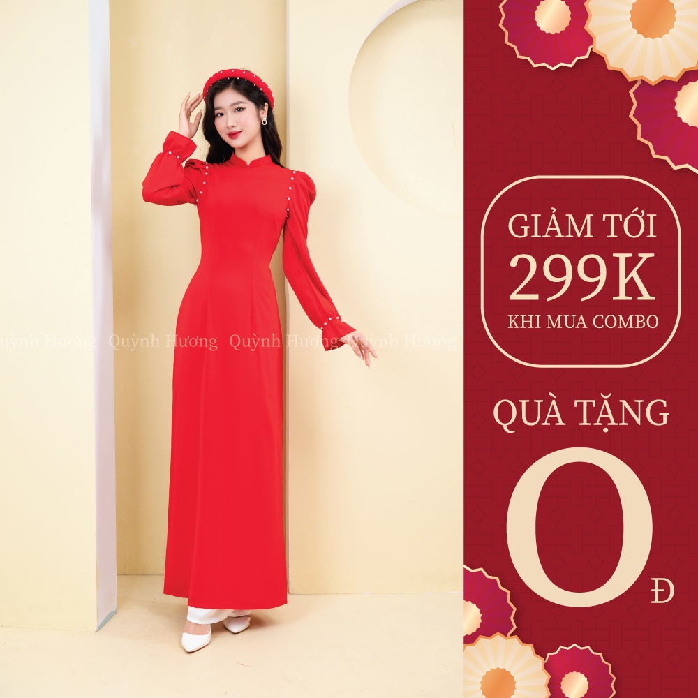 Áo dài truyền thống lụa mỹ đỏ tay chun đính hạt trai siêu xinh by Quỳnh Hương