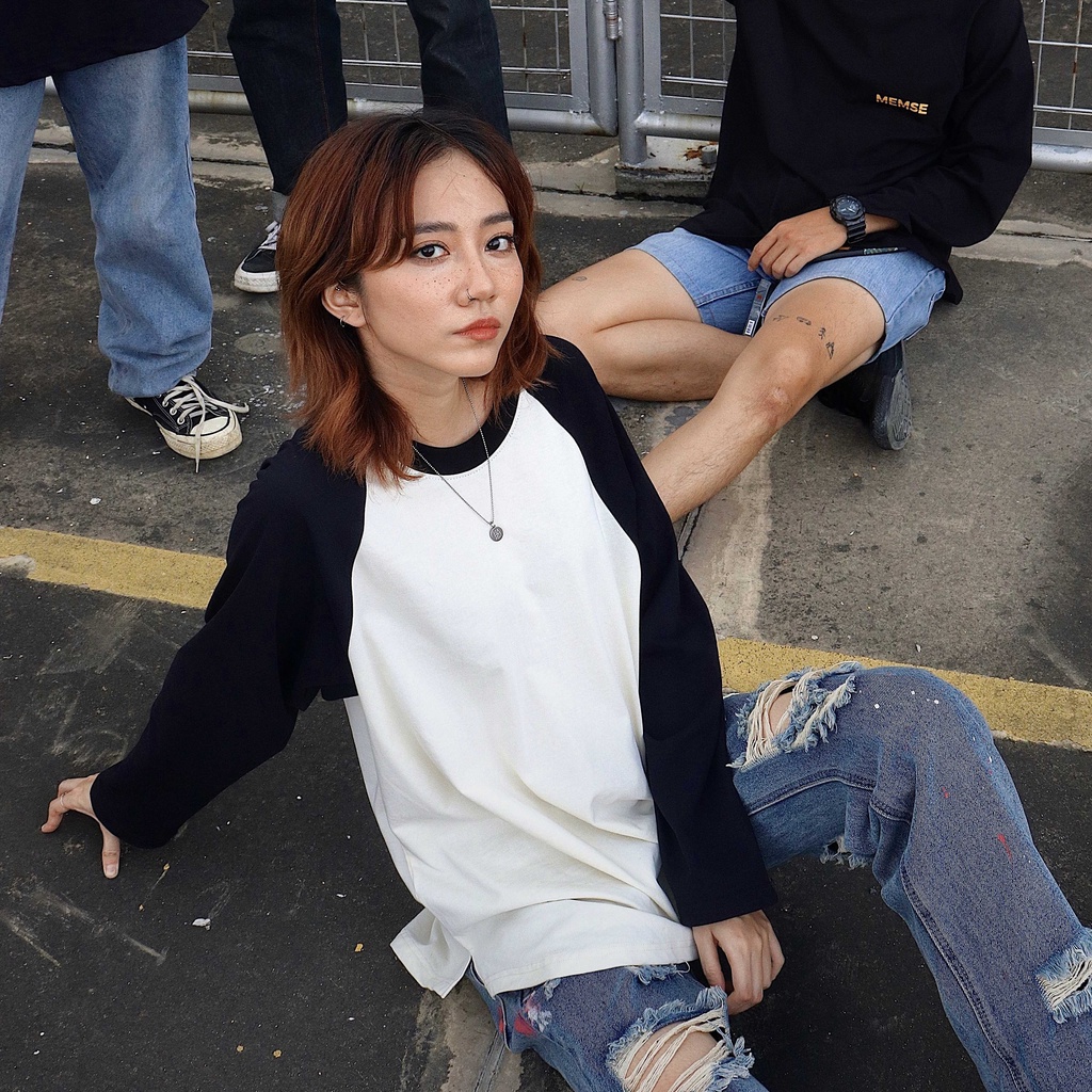 Flexible raglan Black - MEMS Áo thun nam tay dài trơn cổ tròn dài tay cotton áo phối màu nam nữ