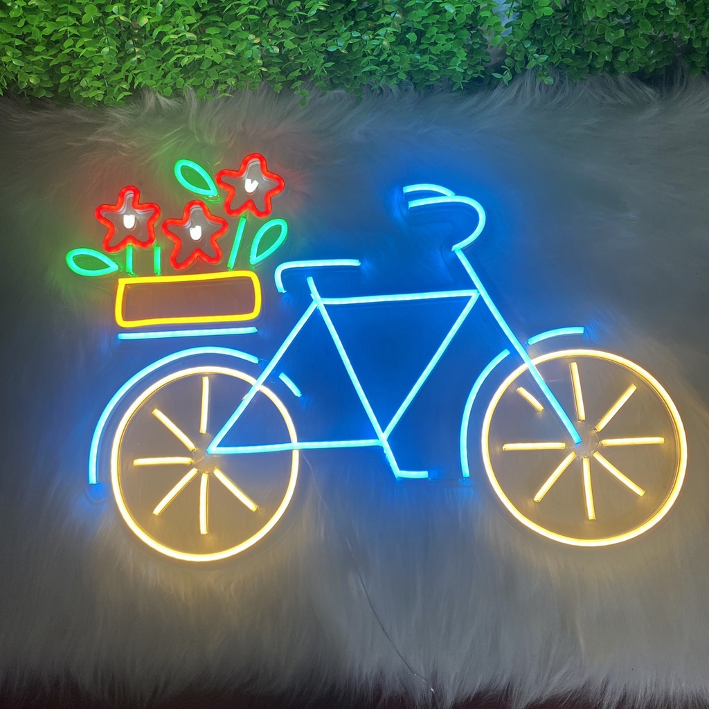 Đèn Led Neon Hình Xe Đạp Chở Chậu Hoa Kích Thước 45x60 cm. Đèn Trang Trí Quán Cafe, Nhà Hàng....