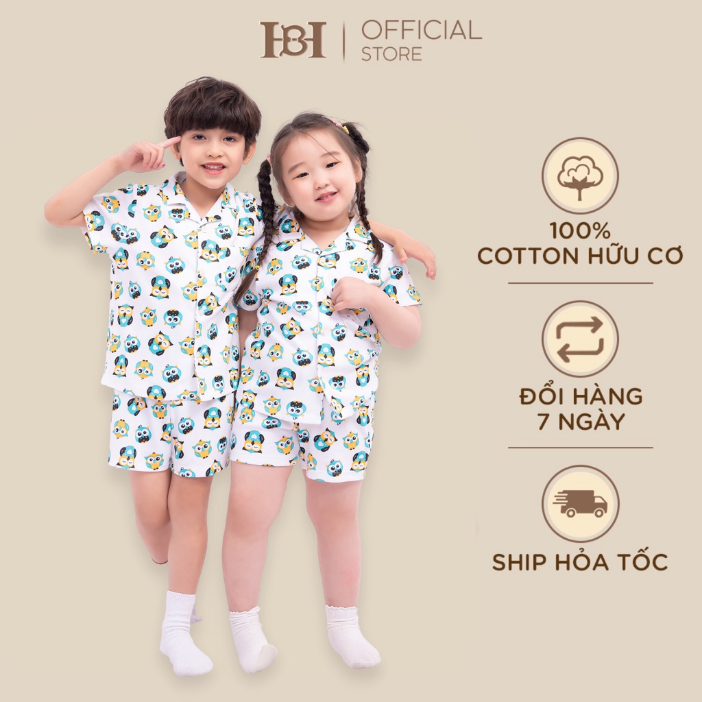 Bộ quần áo pyjama cộc tay Hapiibabii Cotton điều hòa nhập khẩu, pijama cho mẹ bé mặc nhà mùa hè họa tiết cú (1-10 Tuổi)