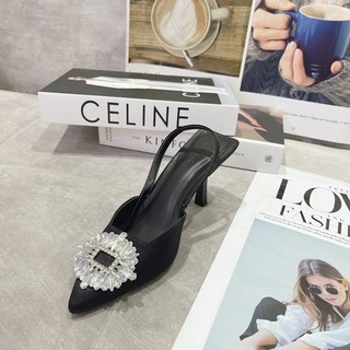Sandal cao gót lụa khoá đính đá sáng cao cấp