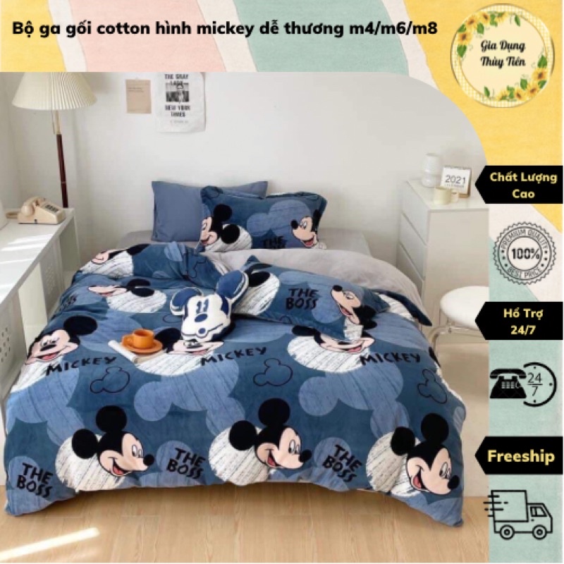 Bộ ga gối cotton hình mickey dễ thương m4/m6/m8