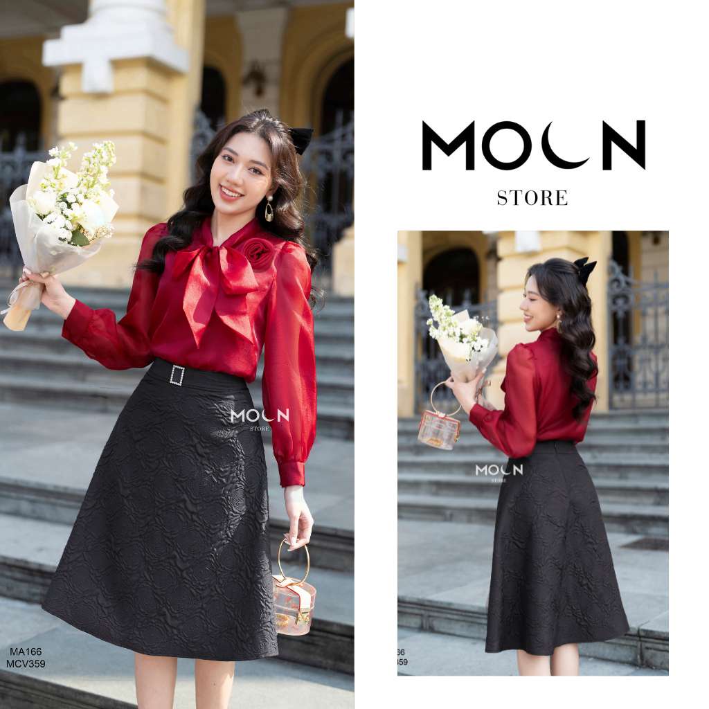 Set áo chân váy công sở, áo vải chất tơ óng mix chân váy xoè gấm vân hoa MA166 thiết kế Moon