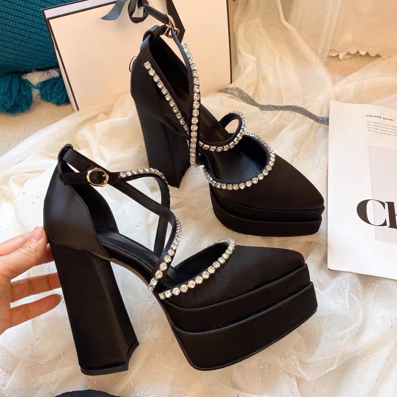 🌸ORDER 🌸 Giày đế đúp gót trụ dây đá chéo mũi nhọn & ảnh thật, 13cm 34-39