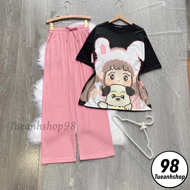Set bộ áo cartoon hoạt hình form rộng tay lỡ - Phối quần gân ống suông dáng dài cao cấp co giãn thoải mái