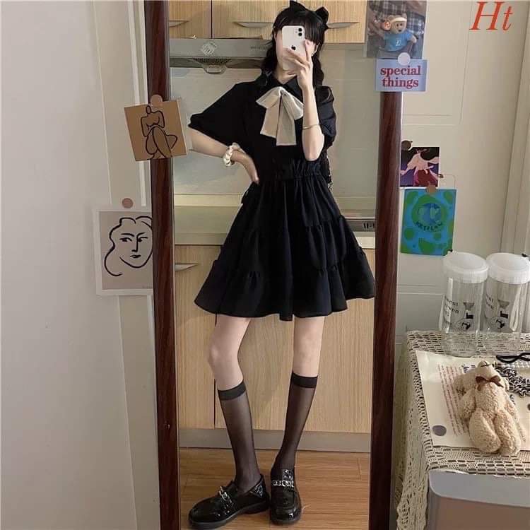 Đâm badydoll cổ sơ mi thắt nơ váy badydollnuwx xòa xếp tầng chất thô mềm màu trắng,đen thời trang Hàn Quốc ulzzang