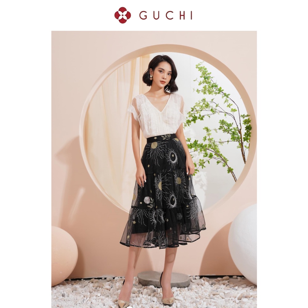 GUCHI - Linda Set - Set Áo tơ cổ V và chân váy lưới voan thêu nổi