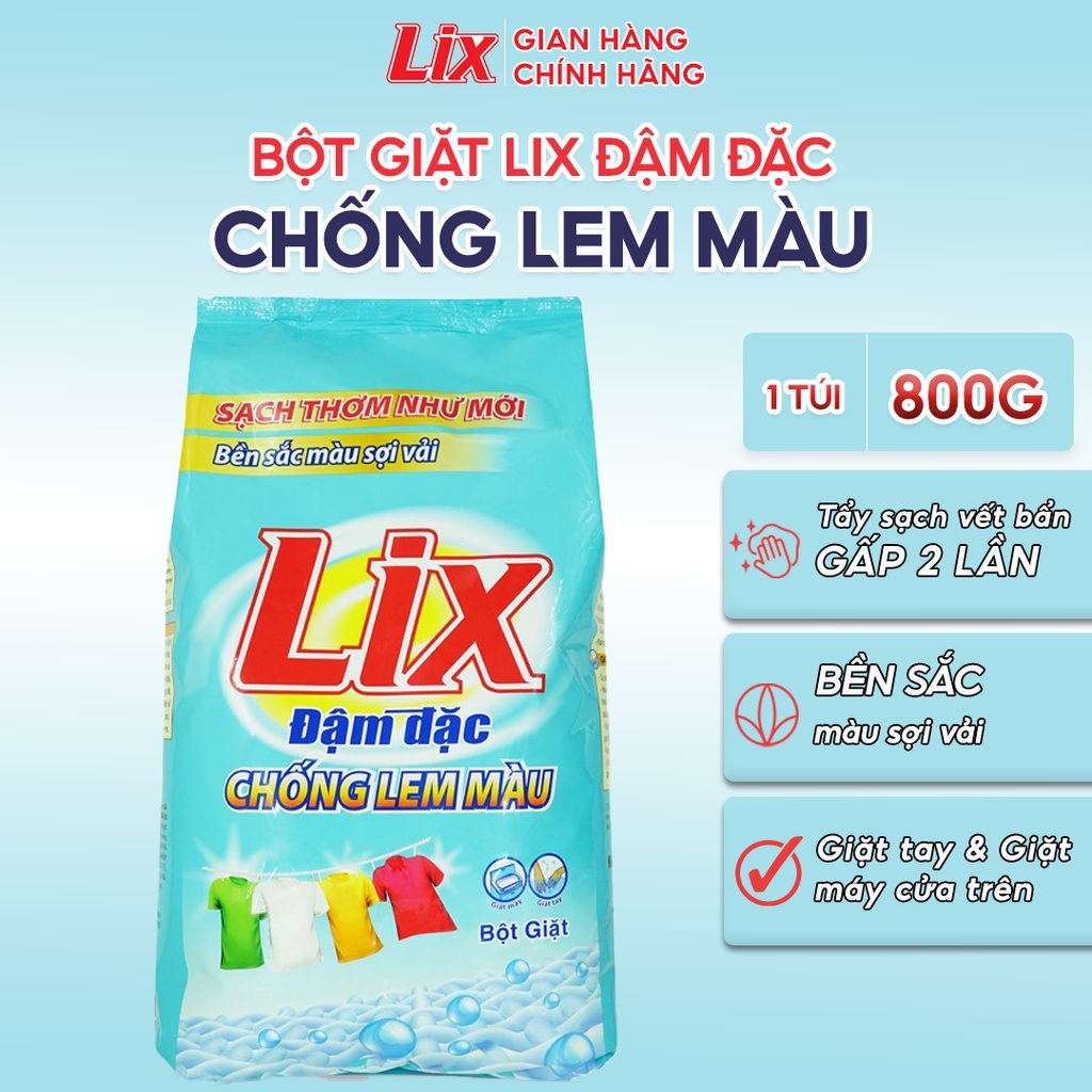 Bột giặt Lix chống lem màu 800gr EM800 làm sạch mọi vết bẩn cứng đầu giữ quần áo bền màu sợi vải sạch thơm như mới