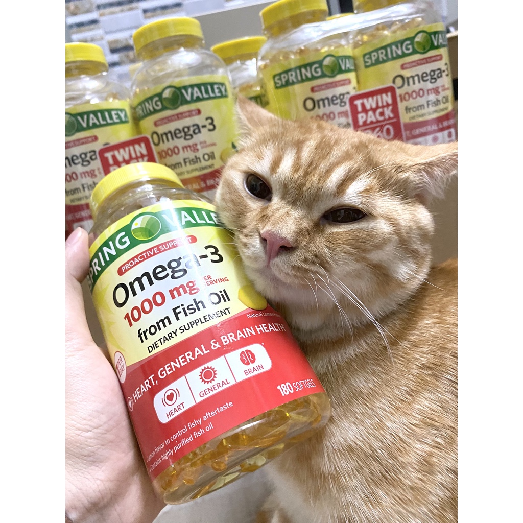 Viên uống dầu cá OMEGA-3 1000mg 180 viên hàm lượng EPA, DHA cao hỗ trợ sáng mắt bổ não hương chanh từ hãng SPRING VALLEY