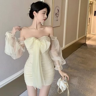 Đầm dài tay trễ vai phối nơ dự tiệc Váy cổ tích tay dài phối lưới đính nơ Đầm trễ vai tay dài ôm dáng phối dây nơ