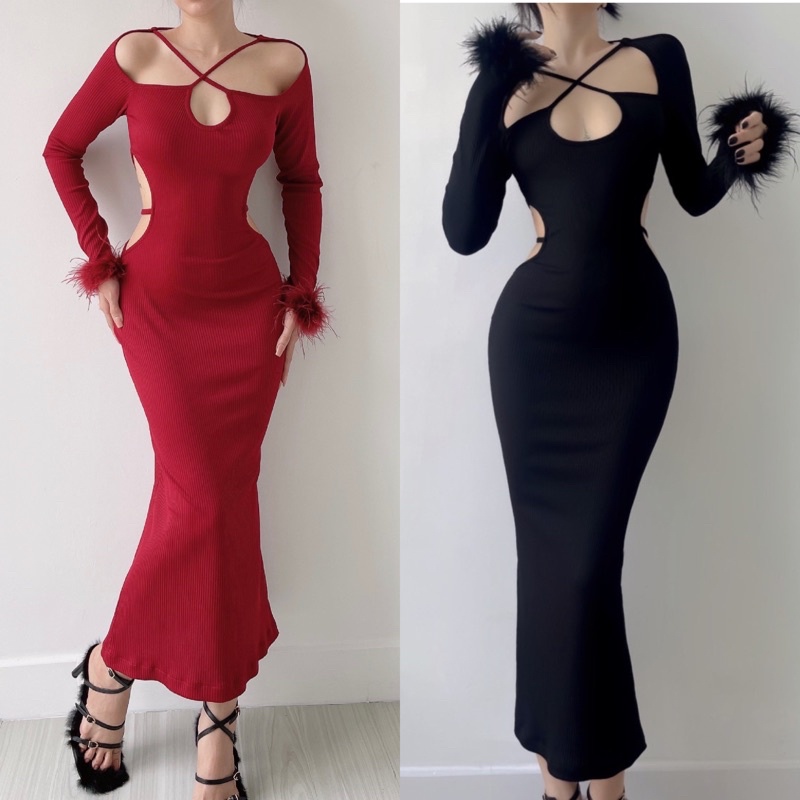 Đầm Body Tay Dài Phối Lông Vũ Sang Trọng