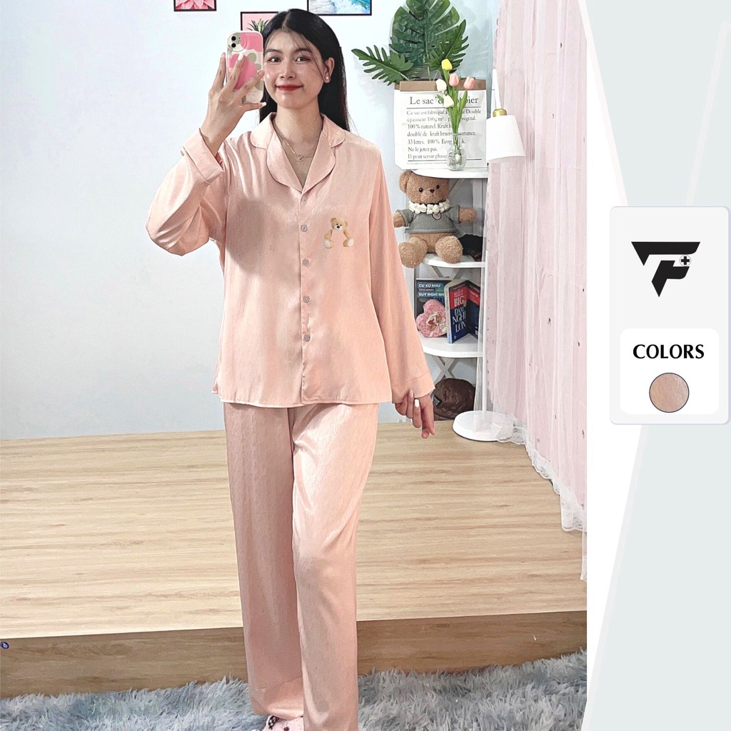 Bộ pijama Tơ Tằm Ánh Kim T4 in hình Gấu cute set đồ mặc nhà tay dài quần dài
