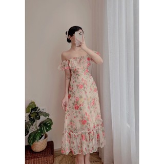 [ ẢNH TỰ CHỤP ] ĐẦM VINTAGE HOA TRỄ VAI - anvintageclothes