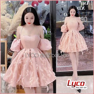 Đầm trễ vai tay bồng dáng xòe đính lông vũ đá 2 dây chất vải Tafta cao cấp váy dự tiệc, party ăn cưới sinh nhật