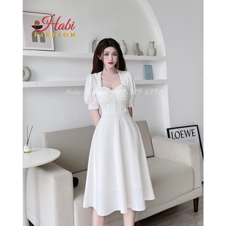 Đầm váy nữ dự tiệc trắng cổ ngọc tay bồng chất Umi mềm mát 2 lớp siêu đẹp Habi Fashion