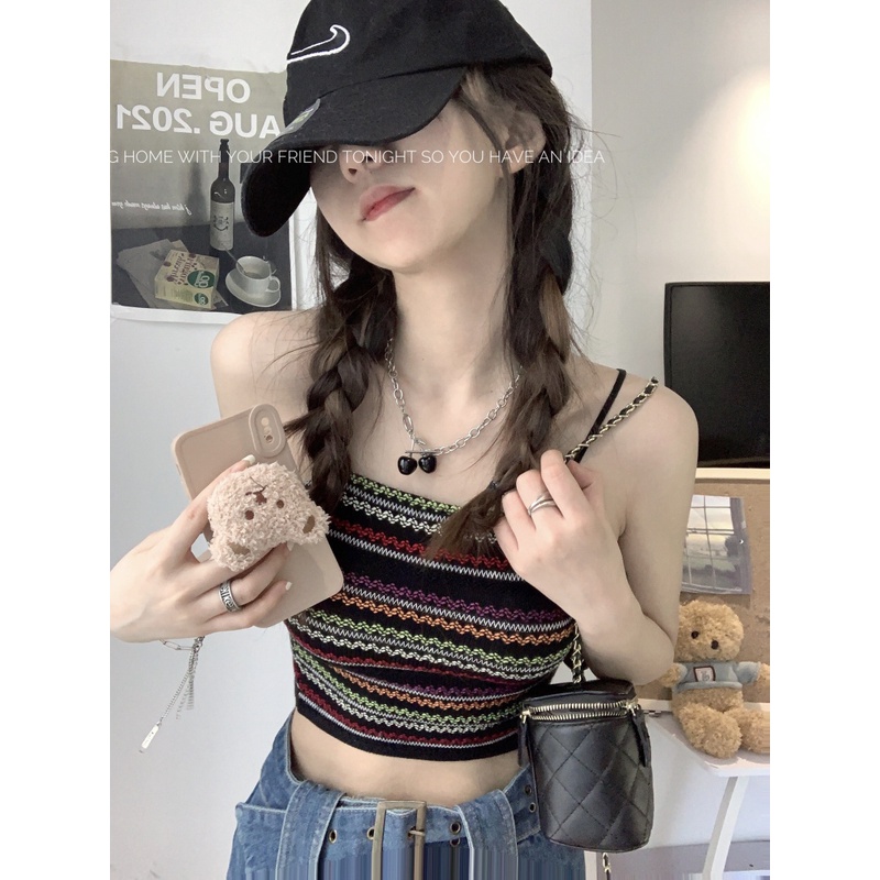 QADCOL Áo Hai Dây Dệt Kim Dáng Ngắn Phong Cách Pháp Thời Trang Mùa Hè Cho Nữ