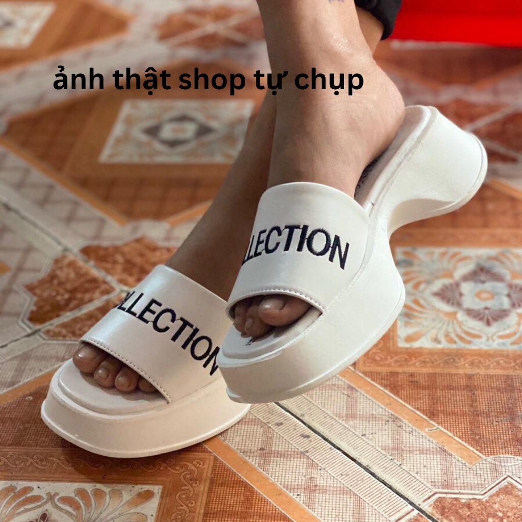 Dép nữ thời trang hè dép nữ quai ngang đế xuồng chất liệu da chữ thêu đế cao su đúc siêu êm 5cm đi chơi đi biển siêu HOT