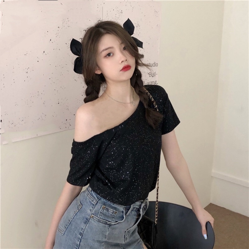 Áo nhũ lệch vai tay cộc