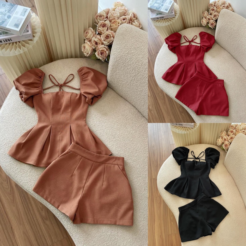 Sét bộ áo peplum cổ vuông tay phồng kèm quần short sét bộ tiểu thư đi chơi nữ bigsize KN từ 50kg đến 100kg M/L/XL/XXL