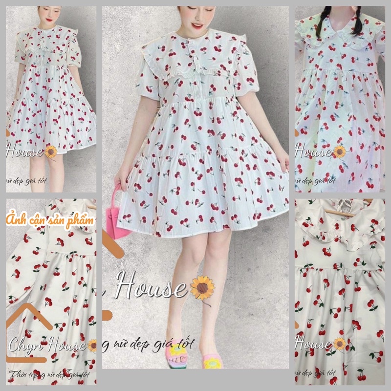 Đầm váy baby doll Cổ bèo Họa tiết quả cherry xinh xắn Chyn House