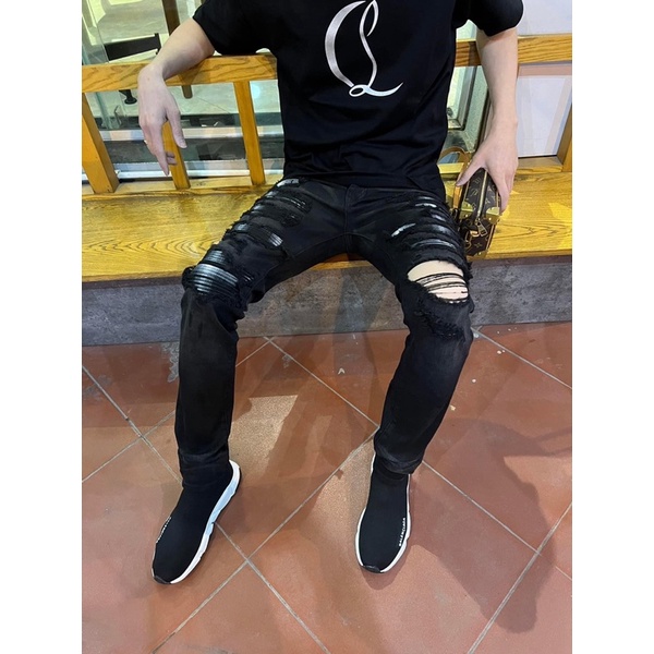 Quần bò amiri sc rách đùi vá đen trắng -7922